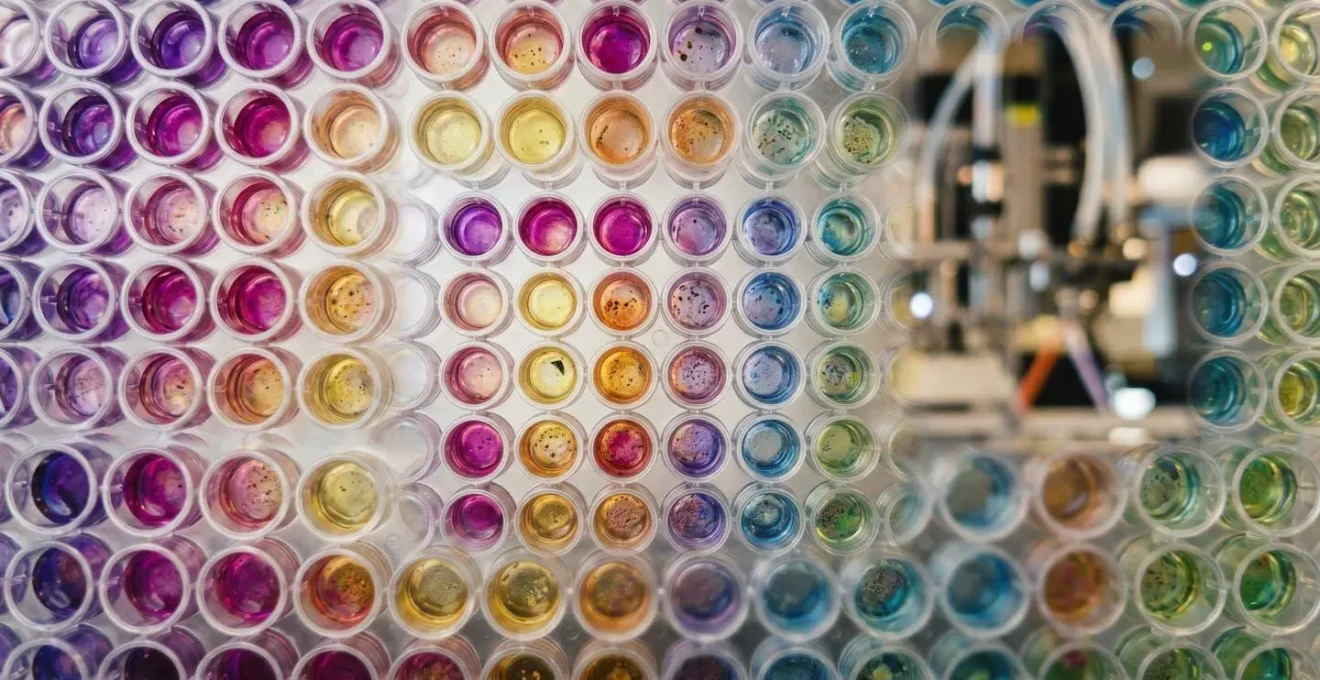 Close-up view of multiwell plates under automated microscopy showing cellular changes