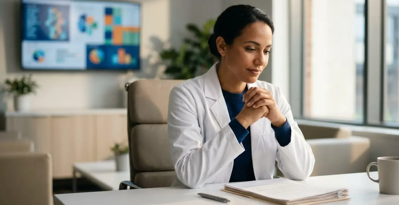 Healthcare professional examining insurance documentation with data visualization in background