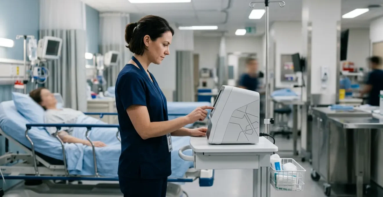 Healthcare professional using portable diagnostic analyzer in emergency department setting for rapid patient testing