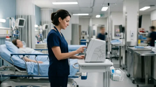 Healthcare professional using portable diagnostic analyzer in emergency department setting for rapid patient testing