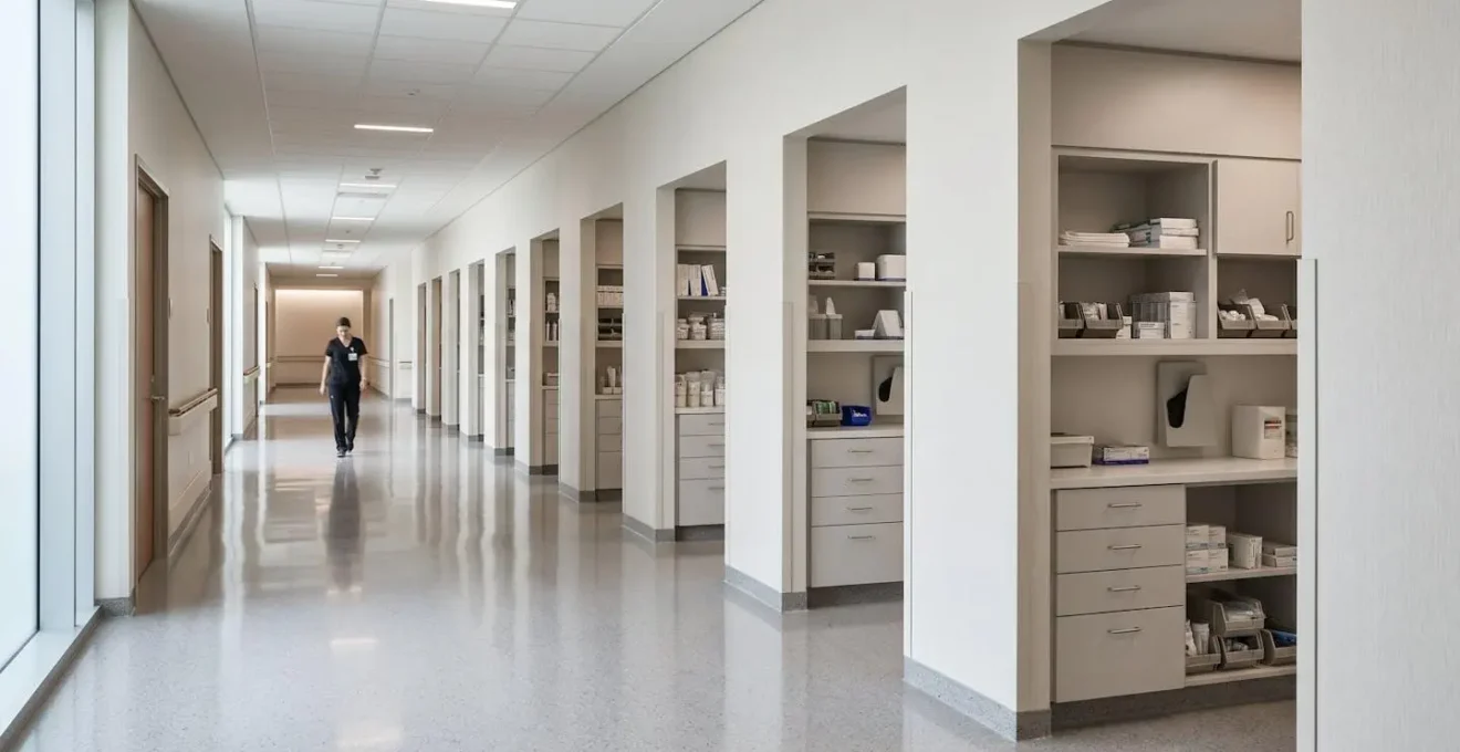 Modern hospital corridor with integrated point-of-use storage alcoves and supply carts