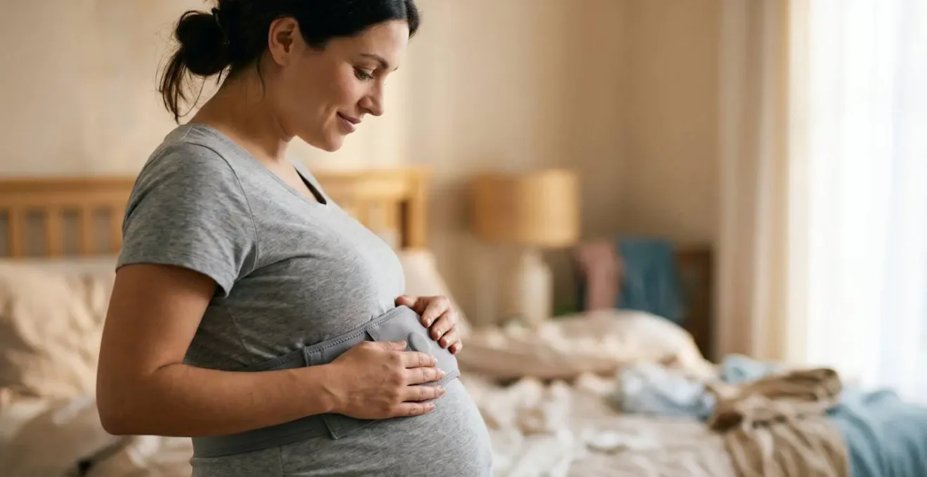 Side view of pregnant woman adjusting a monitoring belt around her abdomen