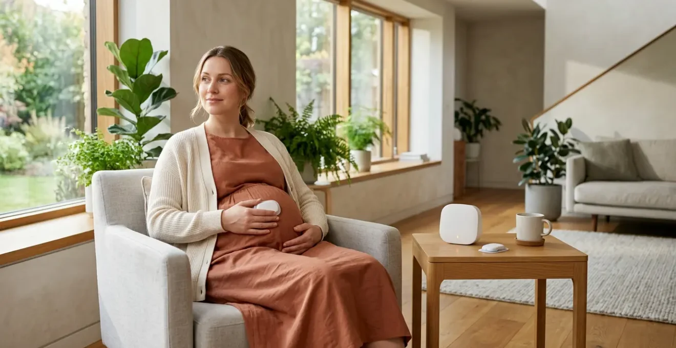 Pregnant woman at home using remote monitoring technology with medical devices nearby