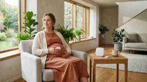 Pregnant woman at home using remote monitoring technology with medical devices nearby