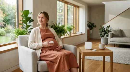 Pregnant woman at home using remote monitoring technology with medical devices nearby
