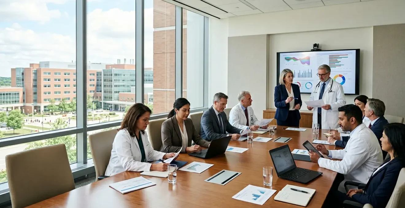 Healthcare administrators and medical professionals gathered around conference table discussing MRI equipment partnership in modern hospital setting