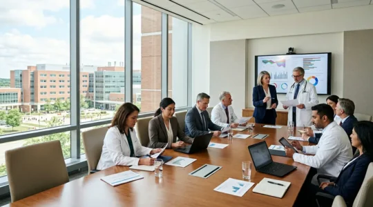 Healthcare administrators and medical professionals gathered around conference table discussing MRI equipment partnership in modern hospital setting