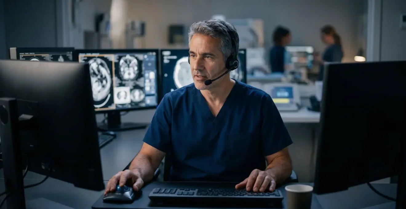 Medical professional conducting remote radiology consultation via advanced workstation in modern imaging center