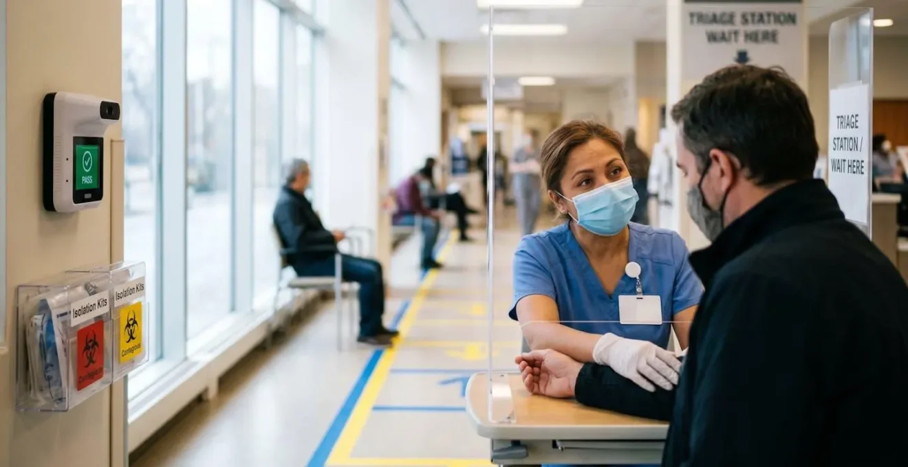 Triage nurse conducting rapid assessment at emergency department entrance