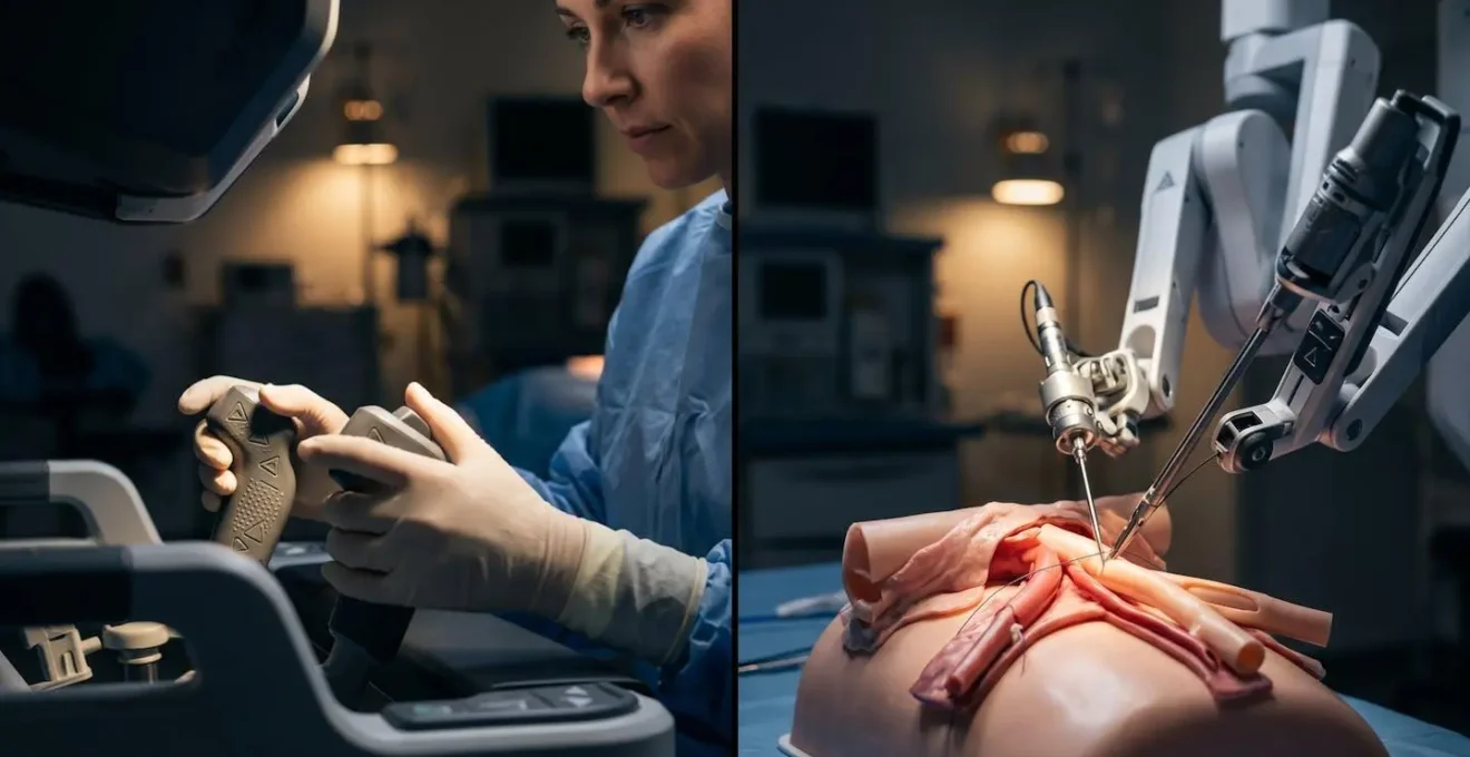Surgeon practicing on robotic console with instructor observing technique