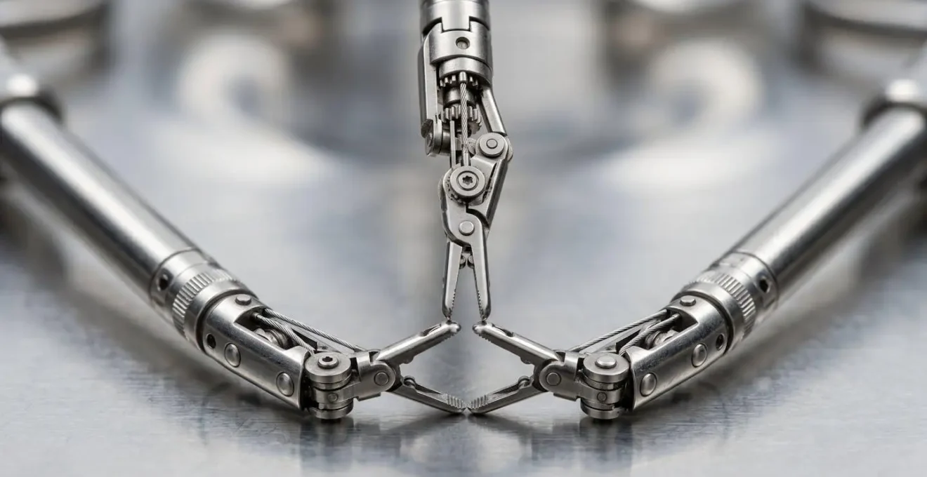 Extreme close-up of robotic surgical instrument tips showing articulation mechanisms