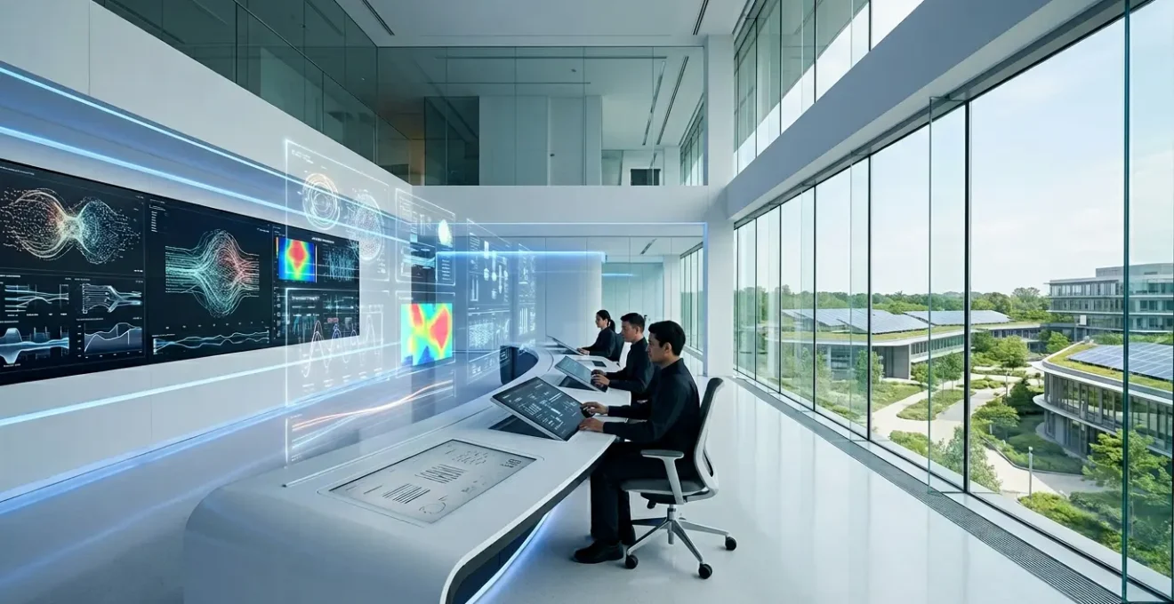 Modern hospital control room displaying IoT energy monitoring systems with multiple digital screens