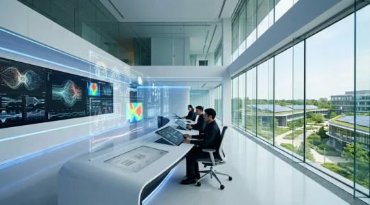 Modern hospital control room displaying IoT energy monitoring systems with multiple digital screens