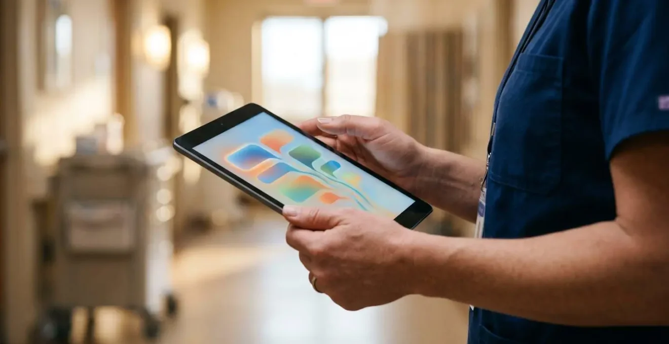 A healthcare professional monitoring real-time SMS patient feedback on a tablet device, showing abstract response patterns.