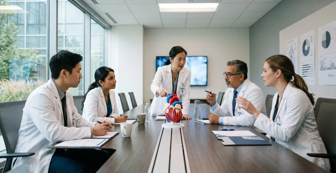 Surgical team gathered around table examining colorful multi-material 3D printed heart model during pre-operative planning meeting