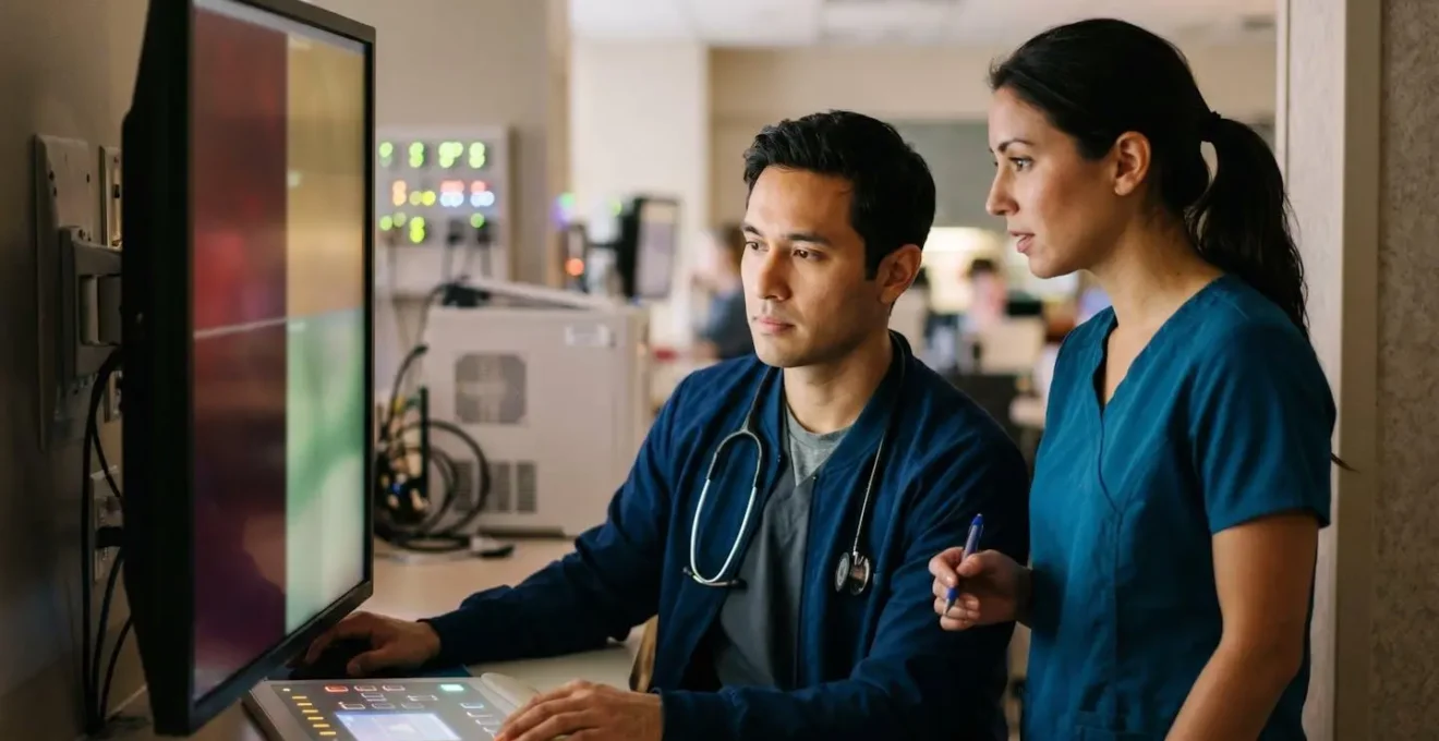 Healthcare team reviewing color-coded alert system with data technician filtering signals
