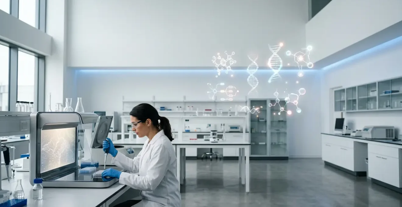 Scientist analyzing genetic sequences on advanced laboratory equipment while DNA double helix molecular structures float in the background