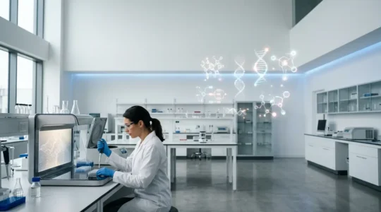 Scientist analyzing genetic sequences on advanced laboratory equipment while DNA double helix molecular structures float in the background