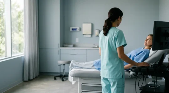 Medical professional performing ultra-thin endoscopy procedure with patient in comfortable setting