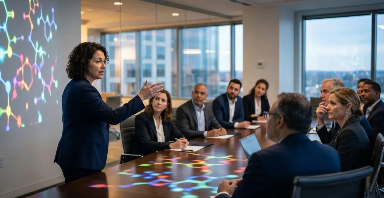 Professional boardroom meeting with biotech executives presenting data to venture capital investors