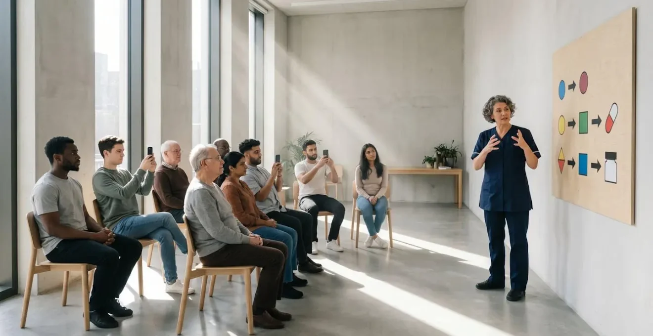 Healthcare worker using pictograms and visual storytelling tools to explain medical concepts to diverse community members