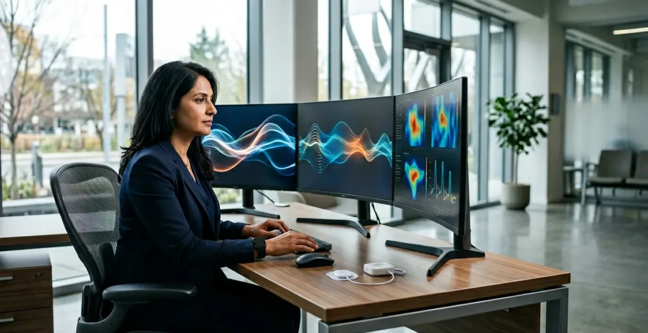 Healthcare professional analyzing continuous ECG data streams on multiple monitors with wearable device signals integrating into EMR system