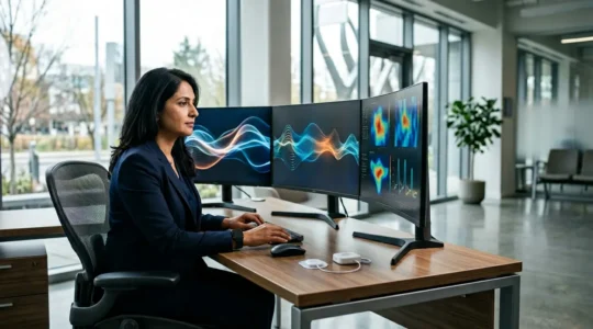 Healthcare professional analyzing continuous ECG data streams on multiple monitors with wearable device signals integrating into EMR system