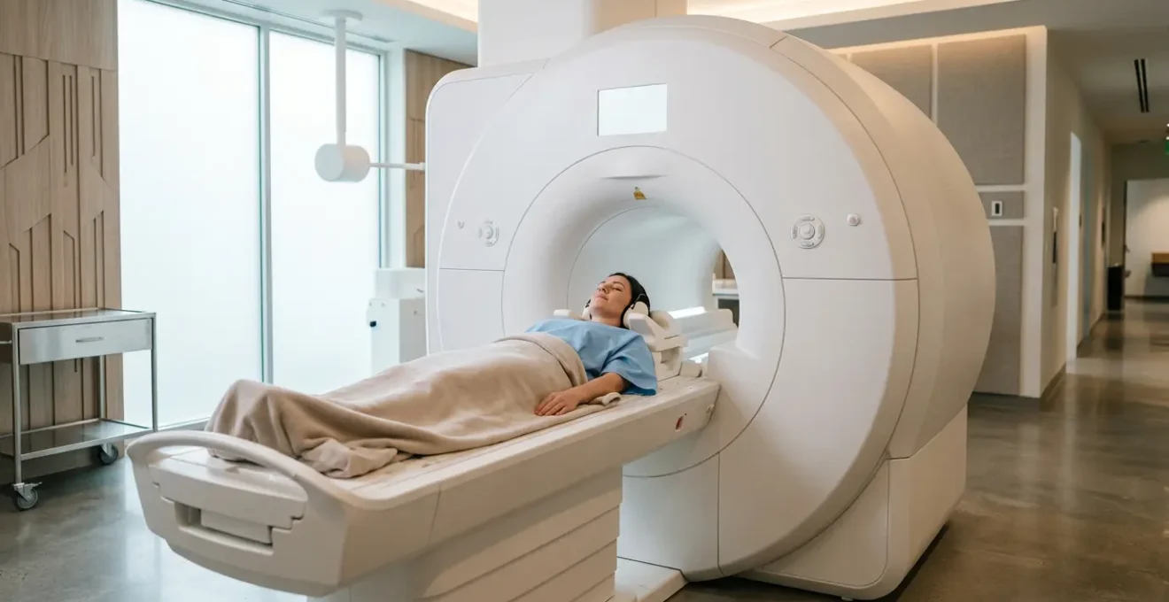 Modern wide-bore MRI scanner showing spacious 70cm opening with patient relaxed inside, emphasizing comfort and advanced medical technology