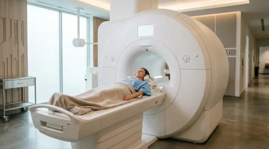 Modern wide-bore MRI scanner showing spacious 70cm opening with patient relaxed inside, emphasizing comfort and advanced medical technology
