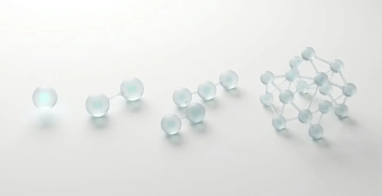 Four geometric molecular sculptures representing carbohydrate types from simple to complex, displayed against white background with soft lighting