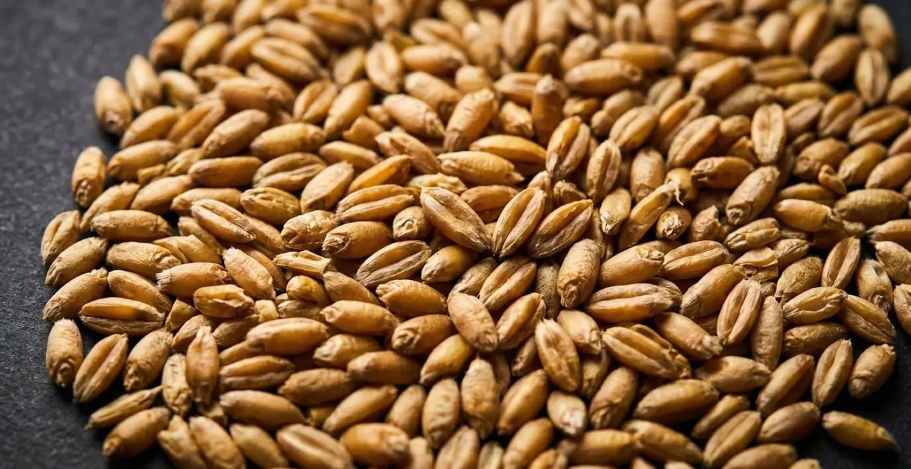 Macro photograph of whole wheat grain kernels scattered and overlapping with dramatic side lighting on dark background