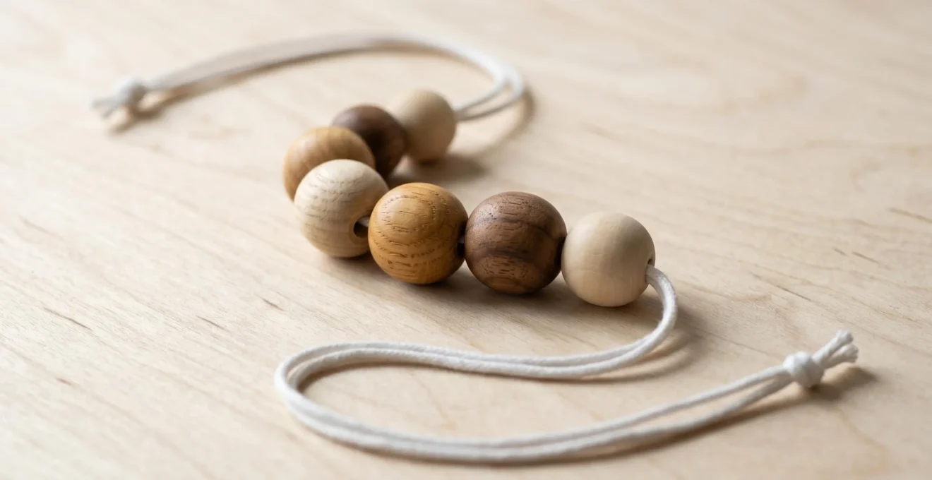 Six wooden beads in natural tones threaded on white cord arranged in S-curve on light wood surface
